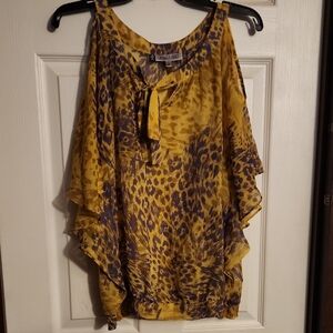 Jennifer Lopez Gold Flutter Sleeve Blouse with Ruffled Tie Front